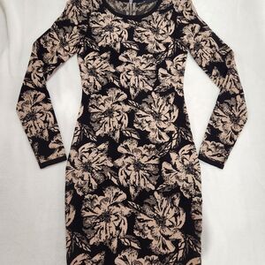 Karen Millen Black and Beige Floral Long Sleeve Dress, Size XS